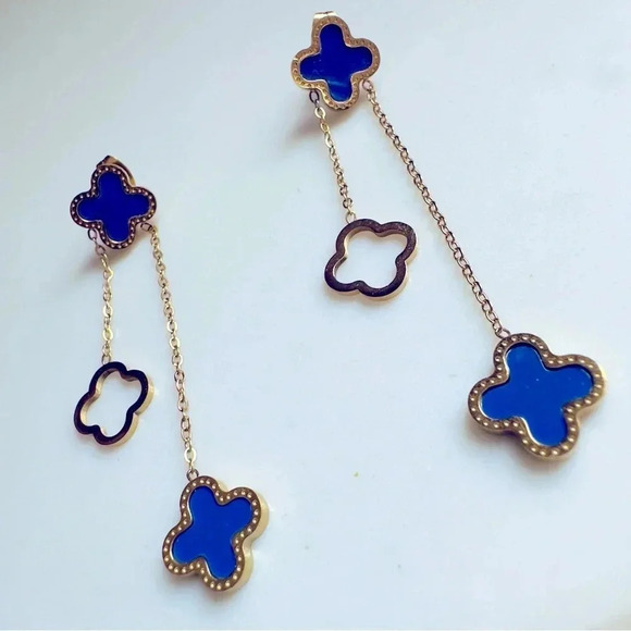 NWOT High Quality Stainless Steel Four Leaf Clover Lapis Lazuli Dangle Earrings - Picture 1 of 6